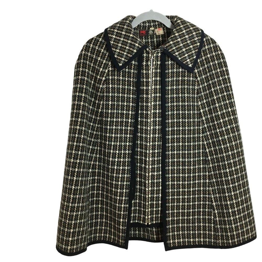 Vintage Archie Brown & Son Bermuda S Wool Plaid Double Layer Cape Metal Zip 70s